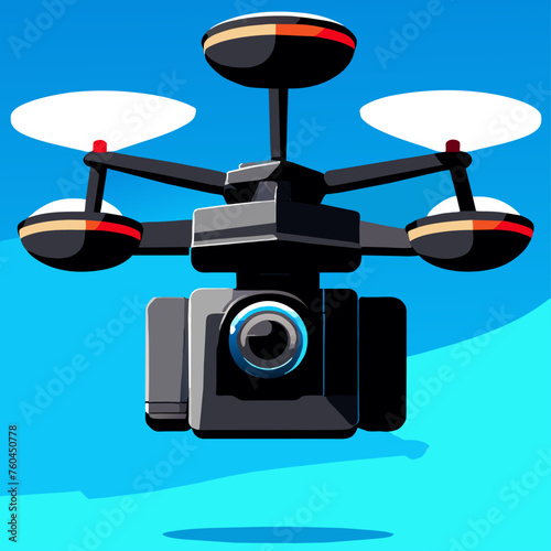 A drone with a camera hovering in the air against a blue sky.