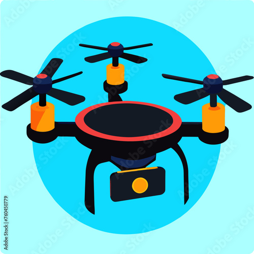 A black and orange drone with four propellers and a camera attached, flying against a blue background.