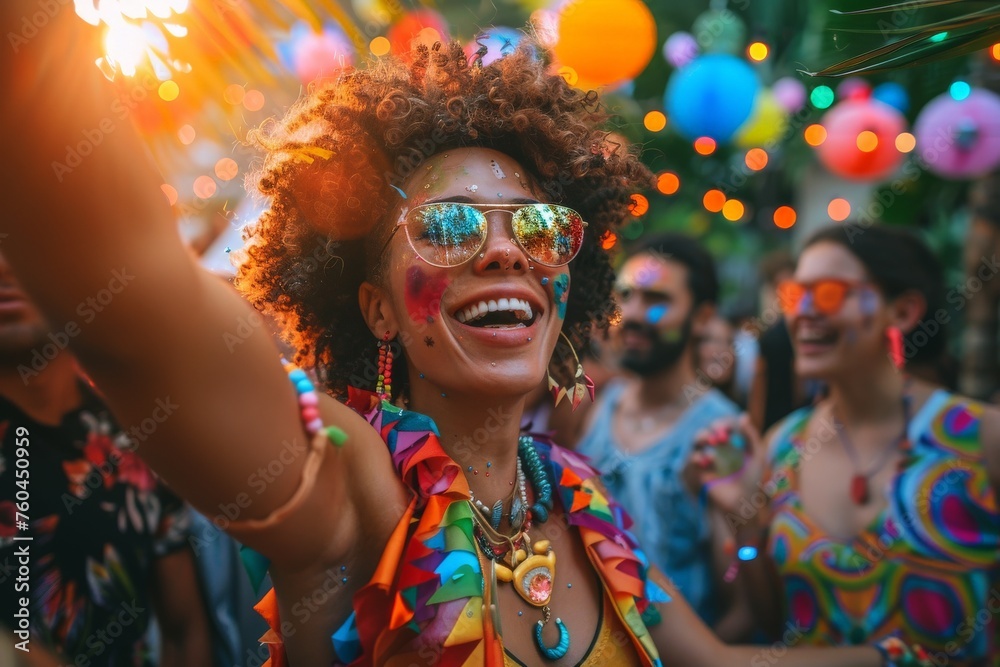 A radiant young woman with a beaming smile celebrates at an LGBTQ party, surrounded by friends and colorful decorations, embodying the spirit of inclusivity and joy. A radiant young woman with a beaming smile celebrates at an LGBTQ party, surrounded by friends and colorful decorations, embodying the spirit of inclusivity and joy.
