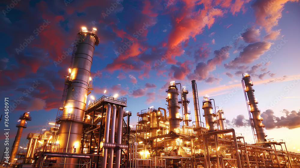 Industrial plants with chemicals as fuels and gases, polluted gasoline ...
