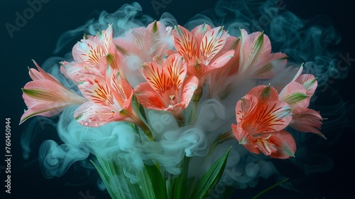 a vase filled with pink flowers sitting on top of a blue and white smoke filled table next to a black wall.