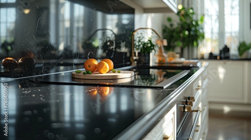 Elegant kitchen interior with high-contrast black countertops and fresh oranges