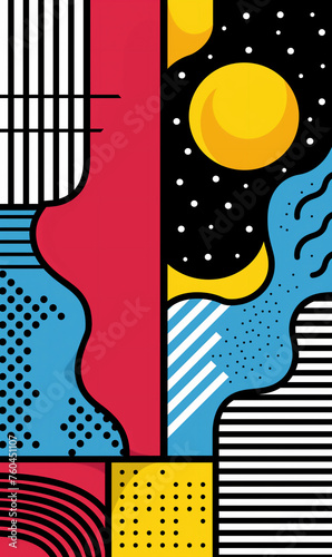 Vibrant abstract background in the style of the 80s, made in the spirit of Memphis pop art. Retro-style illustration with a creative drawing in trendy primary colors. 