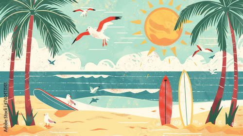 A cheerful clipart beach scene with palm trees, surfboards, and seagulls, evoking a sunny vacation.