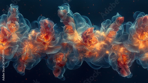 a group of orange and blue smokes on a dark blue background with a red center in the middle of the image.