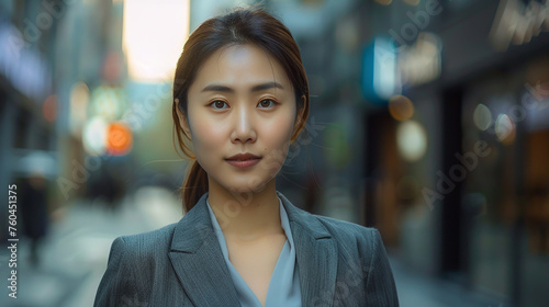 A poised, elegant Asian businesswoman, clad in a stylish gray suit