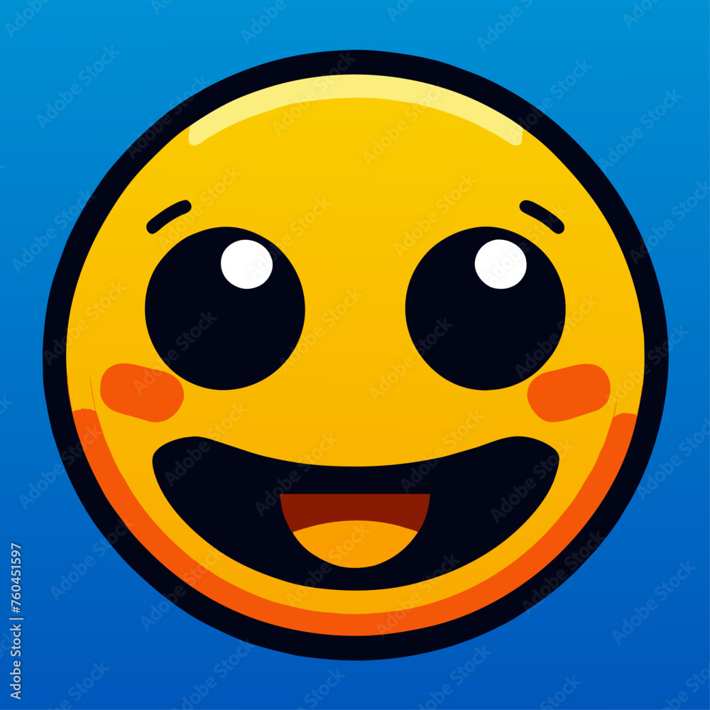 Fototapeta premium A cartoon happy smiley face with big eyes and a wide open mouth, set on a blue background.