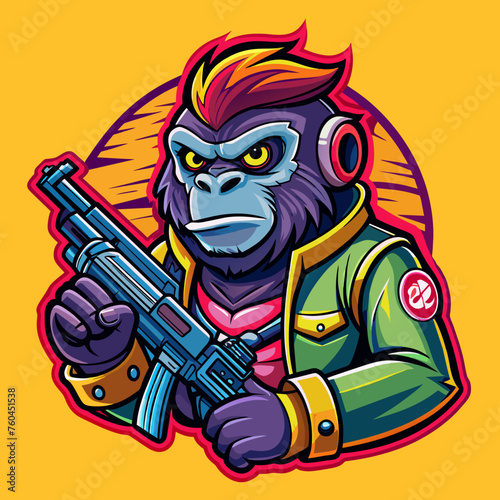 Street-style tshirt sticker a gorilla cartoon character holding a gun