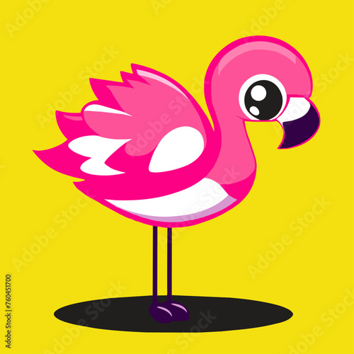 Cartoon pink flamingo with big eyes standing on a yellow background.