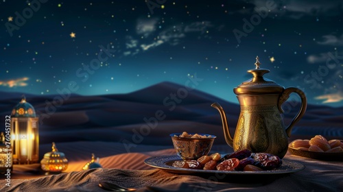 Arabic Tea with Mug and Arabian food in the Night against Sand Dune.
