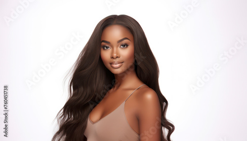 A woman with long, curly hair is posing for a photo