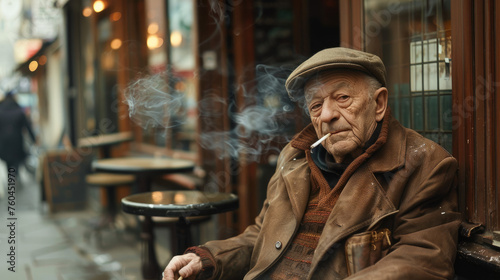 A oldman is smoking a cigarette outside a bar