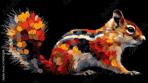 a painting of a squirrel made up of many different colors and sizes of leaves on it's back legs.