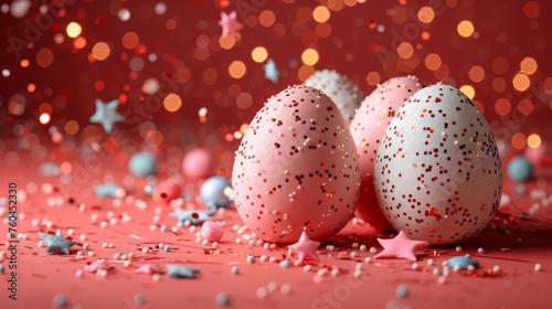 a group of three eggs sitting on top of a table covered in confetti and sprinkles.