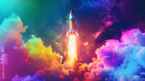 A clipart-style cartoon rocket blasting off into space, leaving a trail of colorful smoke behind.