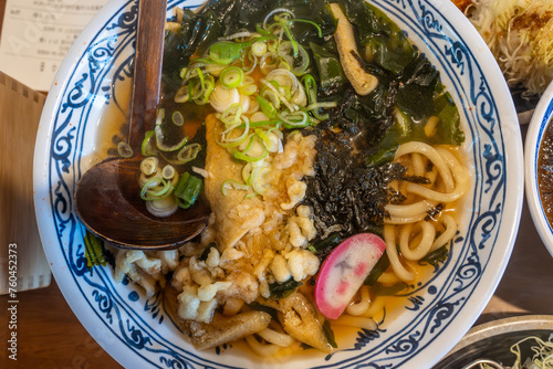 Top-down closeup photo of Udon (Japanease noodle), taken at a restaurant