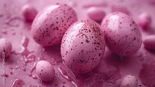 a group of pink speckled eggs sitting on top of a pink liquid covered ground with sprinkles.