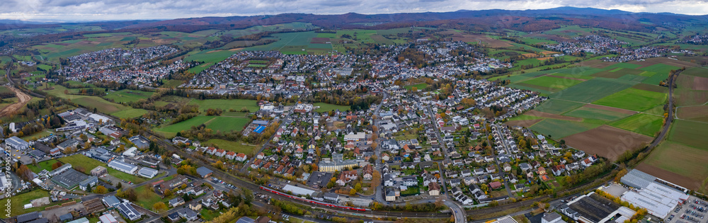 Aerial of the old town around the city Bad Camberg in Germany on a cloudy noon in fall