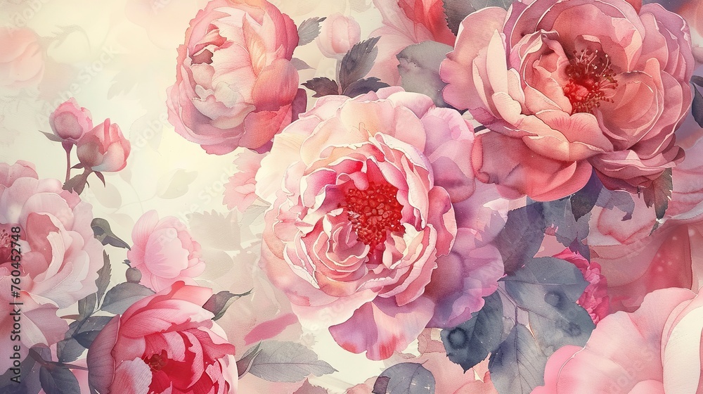 Beautiful pink watercolor rose and peony flowers ,generative ai, generative, ai Beautiful pink watercolor rose and peony flowers ,generative ai, generative, ai