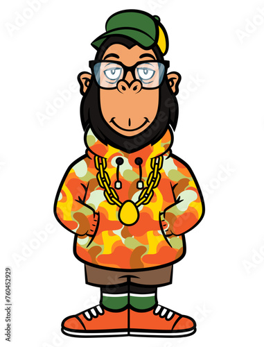 Cool Monkey cartoon characters wearing eyeglasses, gold chain necklace, hoodie jacket with camouflage pattern, fancy short pants, and sneakers. Best for mascot, logo, and sticker for streetwear shop photo