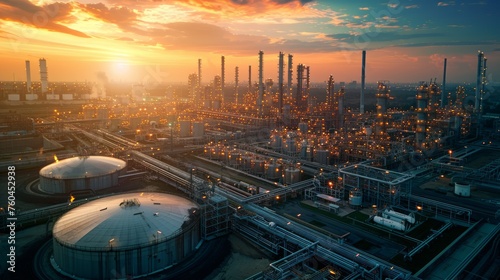 Oil and gas refinery plant or petrochemical industry on sky sunset background  Factory with evening  Gas storage sphere tank in petrochemical industrial