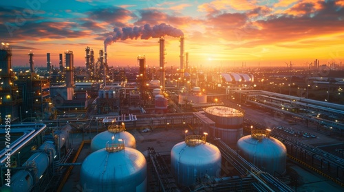Oil and gas refinery plant or petrochemical industry on sky sunset background, Factory with evening, Gas storage sphere tank in petrochemical industrial photo