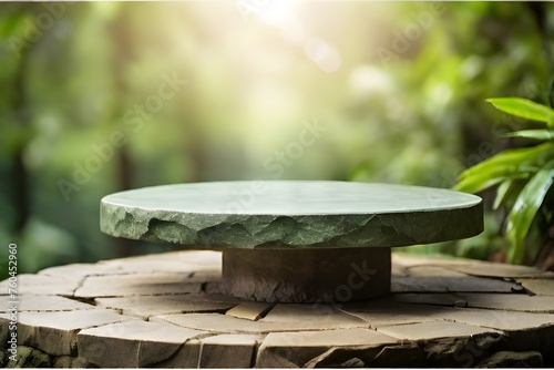 Stone podium table top outdoors blur green forest plant nature background Generative AI photo