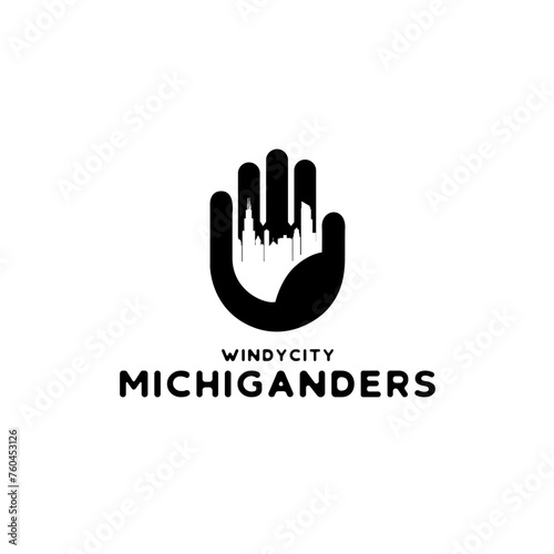Silhouette of michigan city in gloves and mitten map logo design