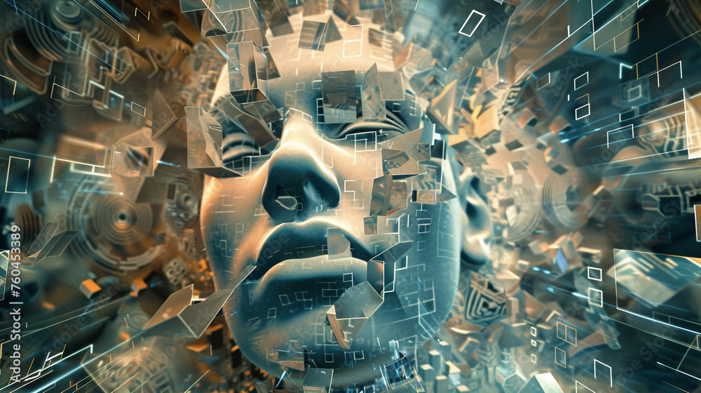 A surreal scene of a human face splitting into multiple geometric shapes and patterns, representing the complex algorithms used in facial recognition systems High detailed and high resolution - obrazy, fototapety, plakaty 