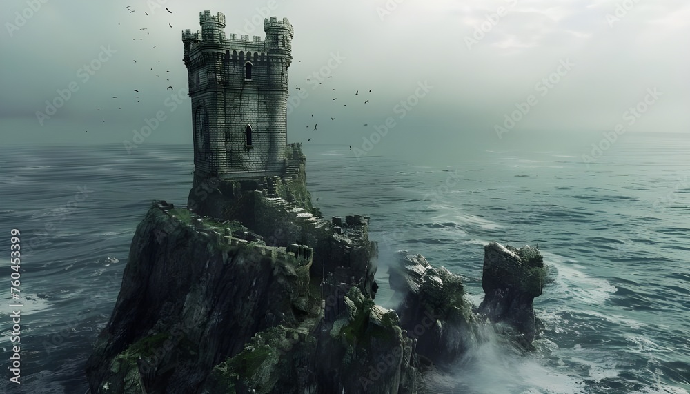 Fantasy tower castle on a rocky sea stack - obrazy, fototapety, plakaty 