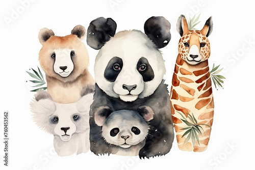 Watercolor animals character collection. Panda, sloth, giraffe, koala, elephant  photo