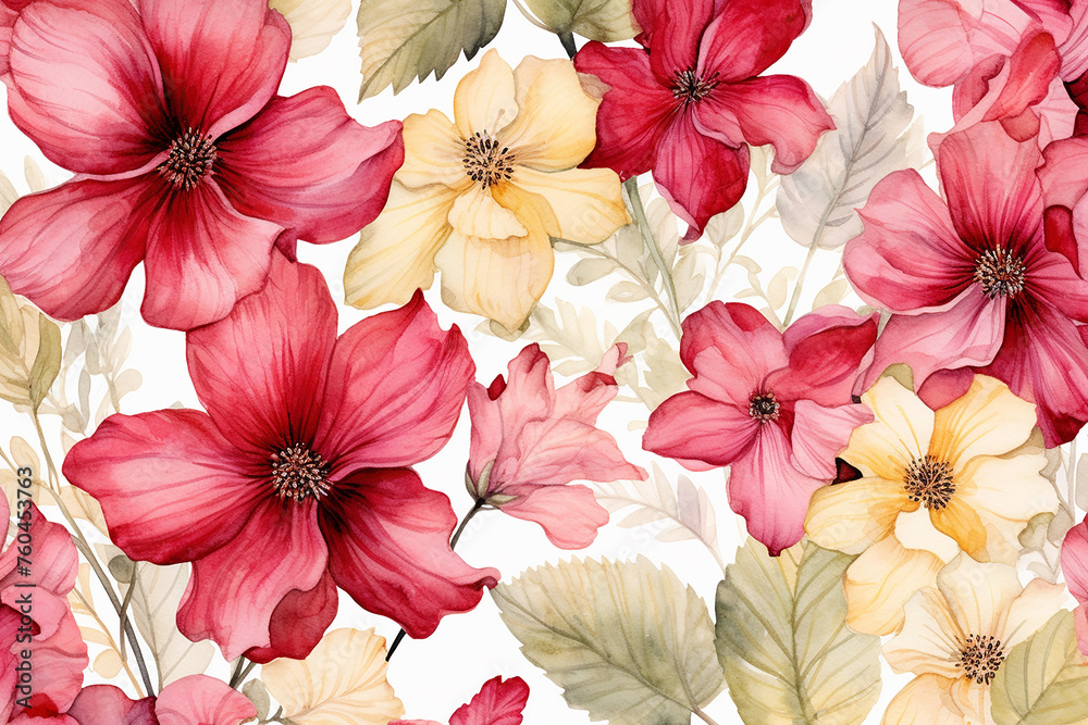 Watercolor painting of leaf and flowers, seamless pattern background 