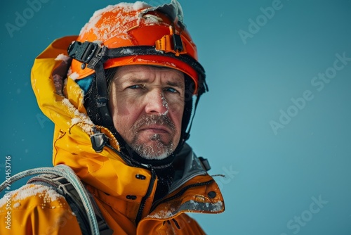 Ice rescue specialist in a bright orange suit against a wintry backdrop