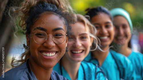 A group of healthcare professionals in various scrubs pose joyfully showcasing workplace diversity and teamwork.