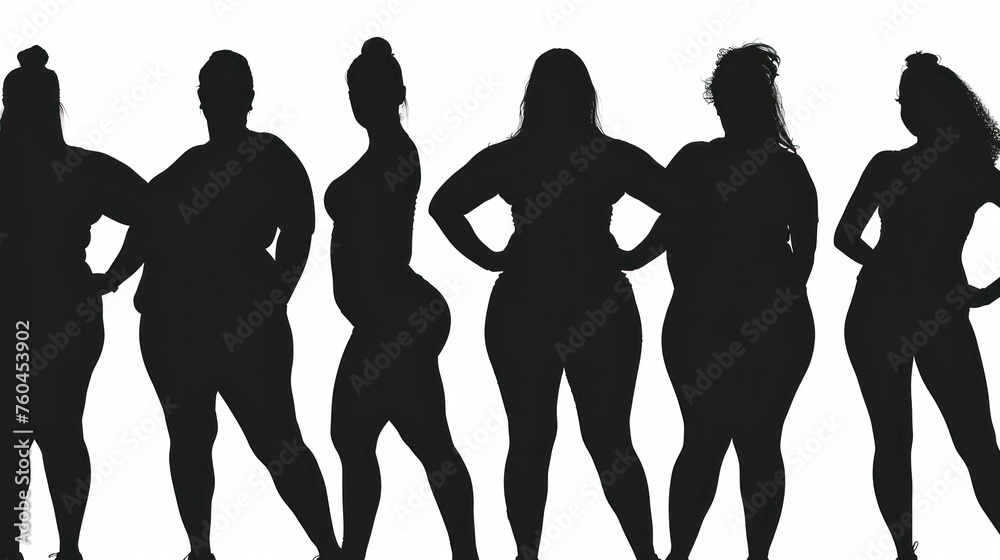 Back View Silhouettes Of Several Fat Women Ready For Gym. Women Behind A White Background. Fighting Obesity, Losing Weight and Getting Back Into Shape
