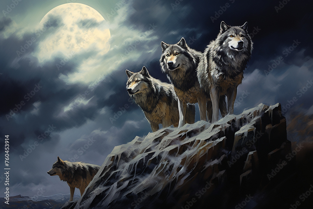 Fototapeta premium wolves on a full moon