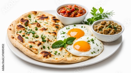 Naan wheat tortilla, a dish of Indian national cuisine with spices sauce and scrambled eggs