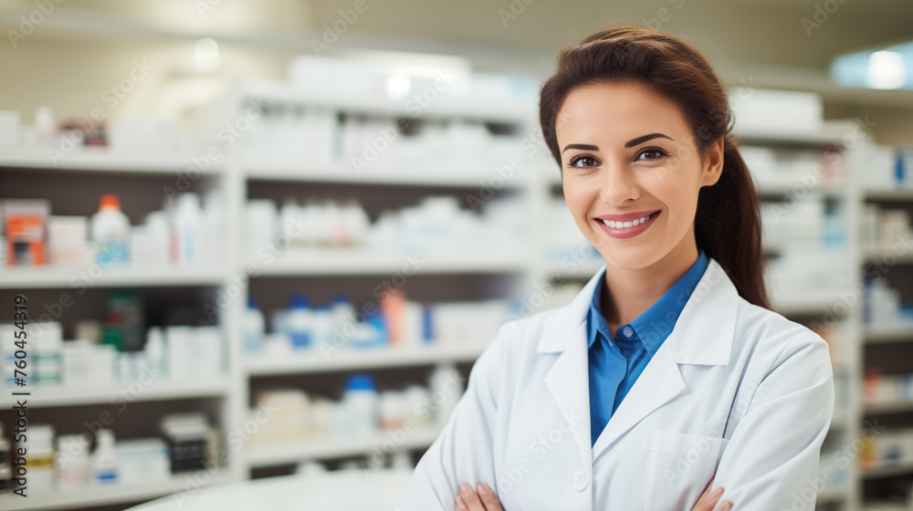 A smiling female pharmacist with folded arms standing confidently in a modern pharmacy.
A smiling female pharmacist with folded arms standing confidently in a modern pharmacy.