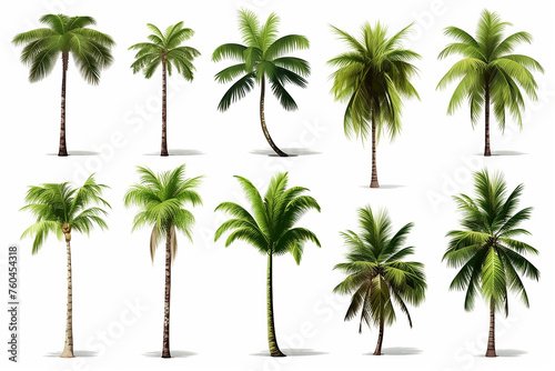 Set of coconut tree isolated on white background used for advertising decorative architecture. Summer and beach concept