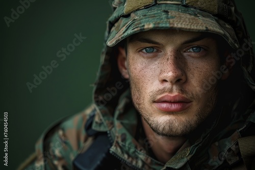 Close-up of a young infantry soldier with intense gaze in field uniform