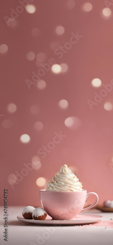 Cup of coffee and cake on the table. Pink theme, vintage cup, retro concept. Pastel pink bokeh background. Easter cafe, love gorumet concept (ID: 760454792)