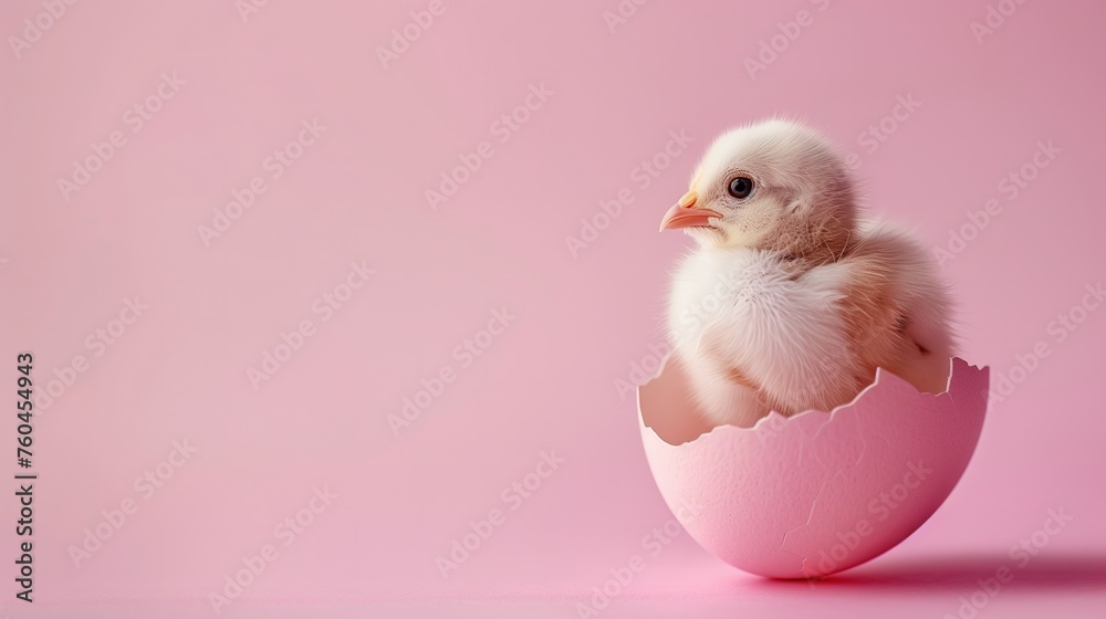 A cute small chick sitting in a cracked eggshell. Soft pink pastel Easter background. feathers fly.