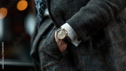 a man in a classic black suit wears a classic gold watch