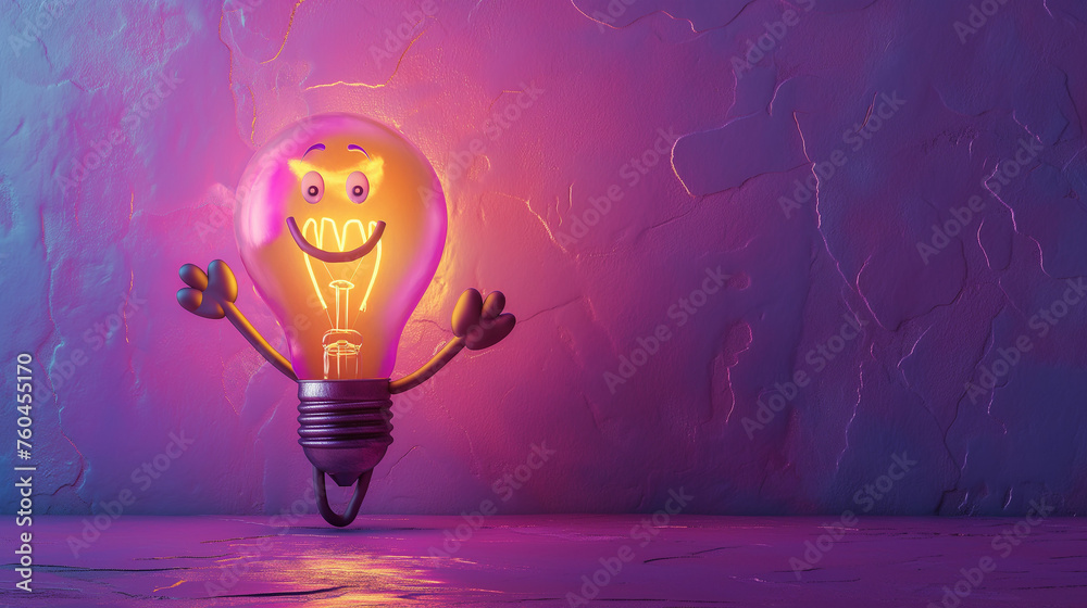 Glowing tungsten light bulb character making inviting gesture on violet textured background. - obrazy, fototapety, plakaty 