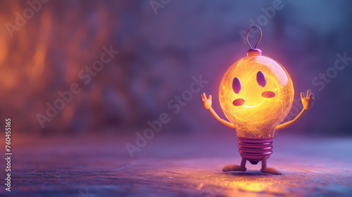 Glowing tungsten light bulb character making inviting gesture on violet textured background.