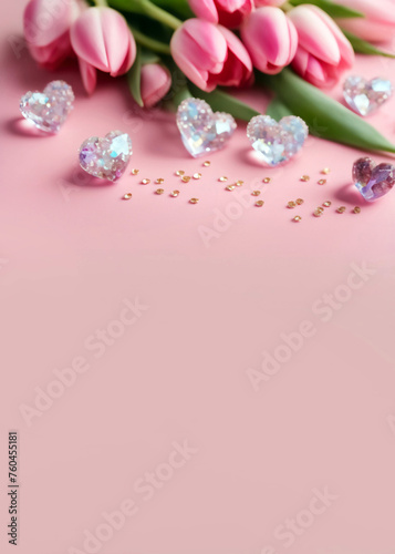 Tulips on the table. Floral arrangement  with space for text. Pink tulips and sparkling crystal hearts on pink table. Vertical mobile wallpaper, Happy Valentine's Day, Mother's Day, Women's Day, (ID: 760455181)