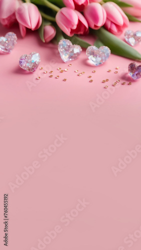 Floral arrangement  with space for text. Pink tulips and sparkling crystal hearts on pink table. Vertical mobile wallpaper, Happy Valentine's Day, Mother's Day, Women's Day, family, love concept. (ID: 760455192)