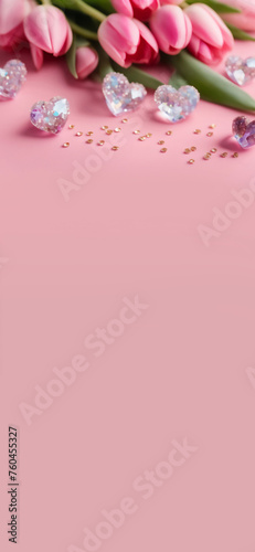 Pink tulips and sparkling crystal hearts on pink table. Stunning visual is captured in a beautiful vertical mobile wallpaper. Floral arrangement background, space for copy. Romance concept, elegant (ID: 760455327)
