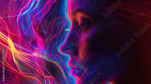 An abstract depiction of facial recognition technology, with colorful streams of light tracing the contours of a person's face against a dark background High detailed and high resolution