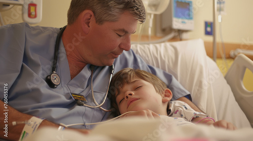 A nurse men is comforting a young patient in a hospital bed